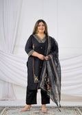 Women Black Ethnic Motif Embroidered Side-Slit Kurti Set with Tasseled Border Dupatta