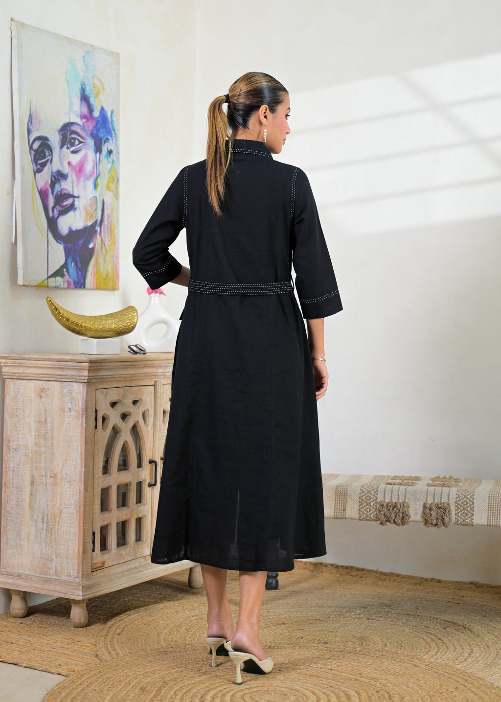 Contrast Stitch Belted Shirt Dress