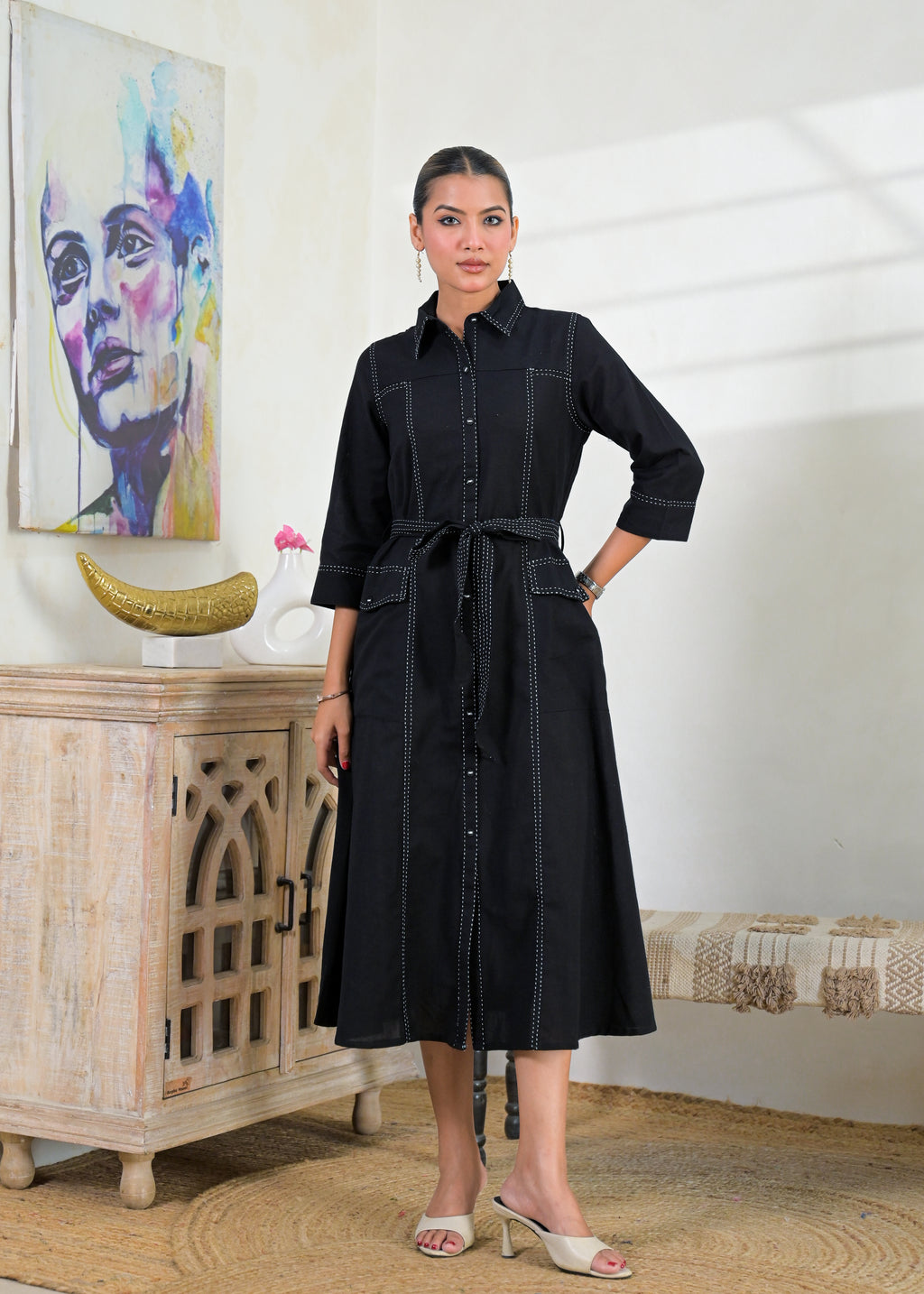 Contrast Stitch Belted Shirt Dress