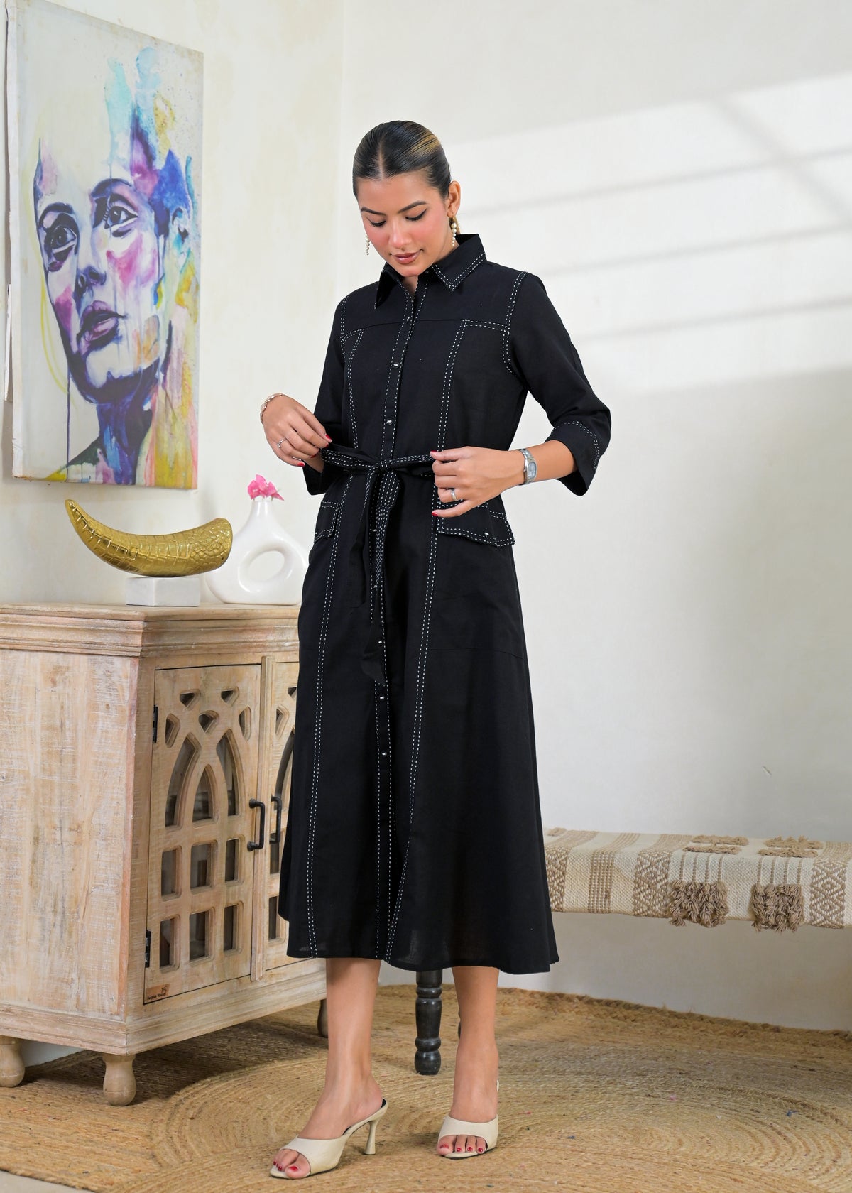 Contrast Stitch Belted Shirt Dress