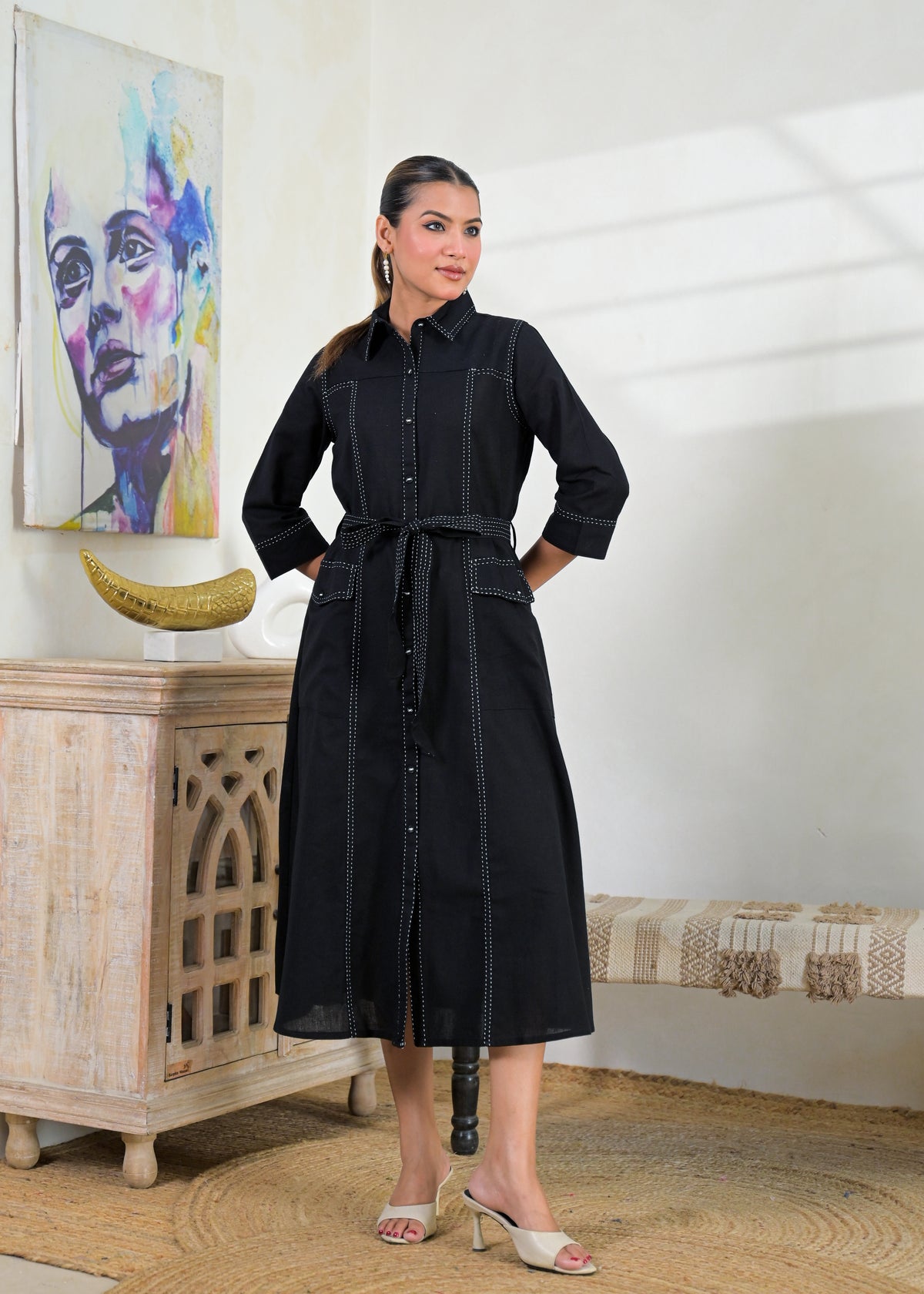 Contrast Stitch Belted Shirt Dress