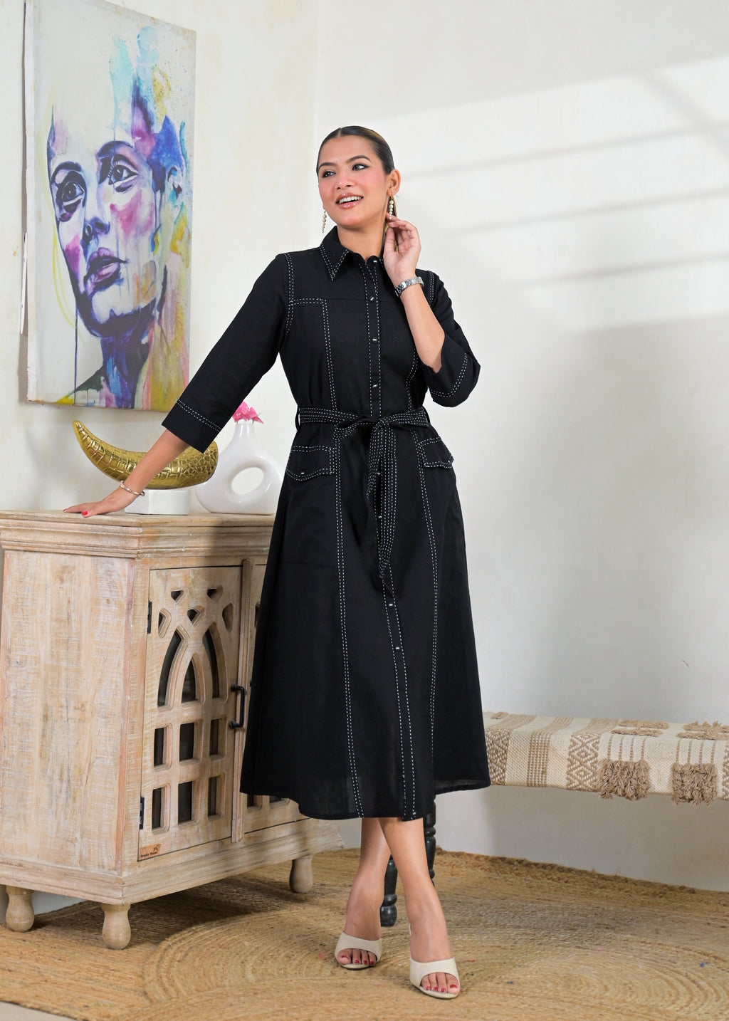 Contrast Stitch Belted Shirt Dress