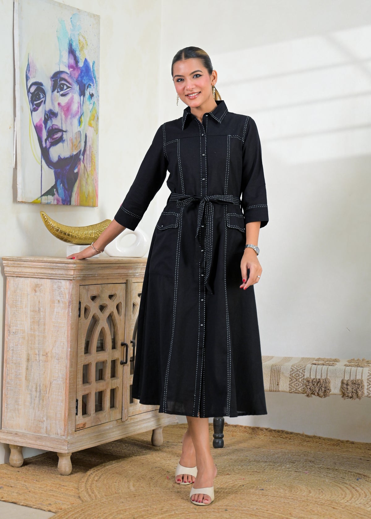 Solid Belted Shirt-Style Midi Dress