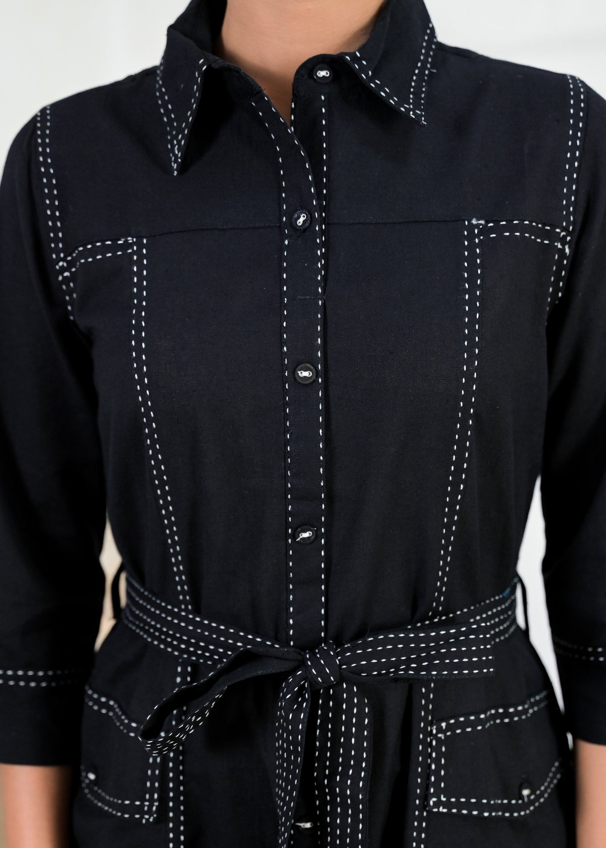 Contrast Stitch Belted Shirt Dress