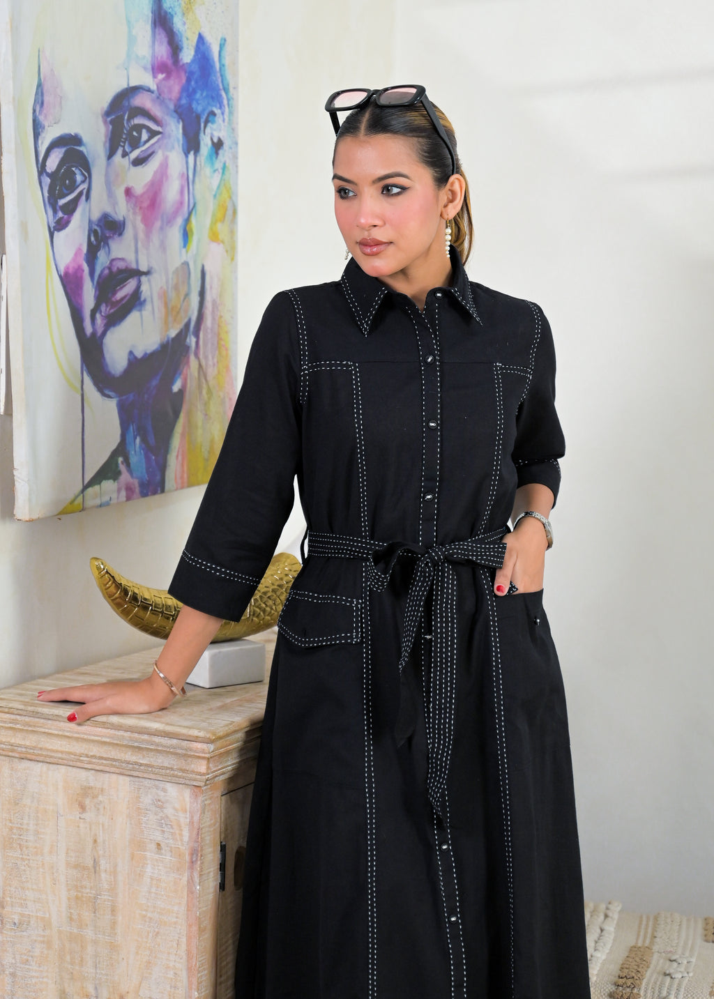 Contrast Stitch Belted Shirt Dress