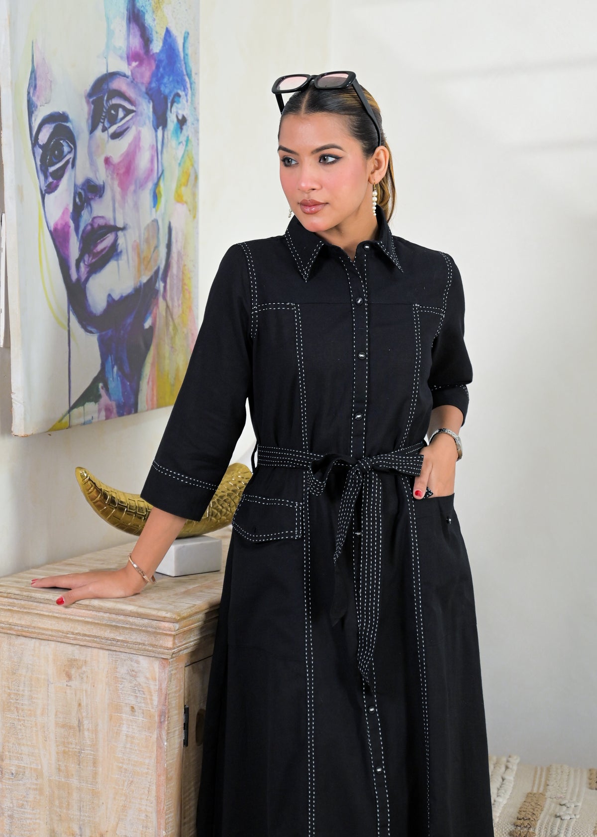 Contrast Stitch Belted Shirt Dress