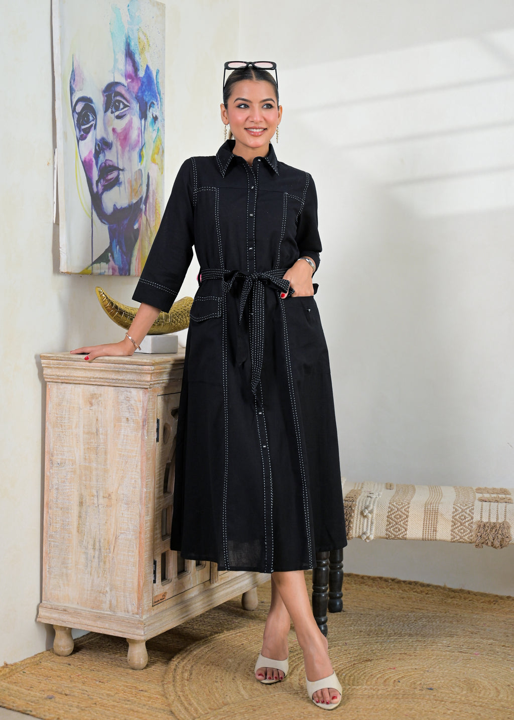 Contrast Stitch Belted Shirt Dress
