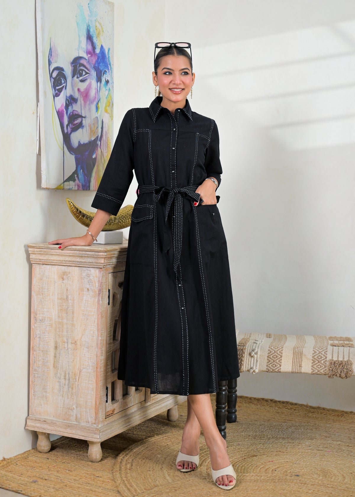 Contrast Stitch Belted Shirt Dress