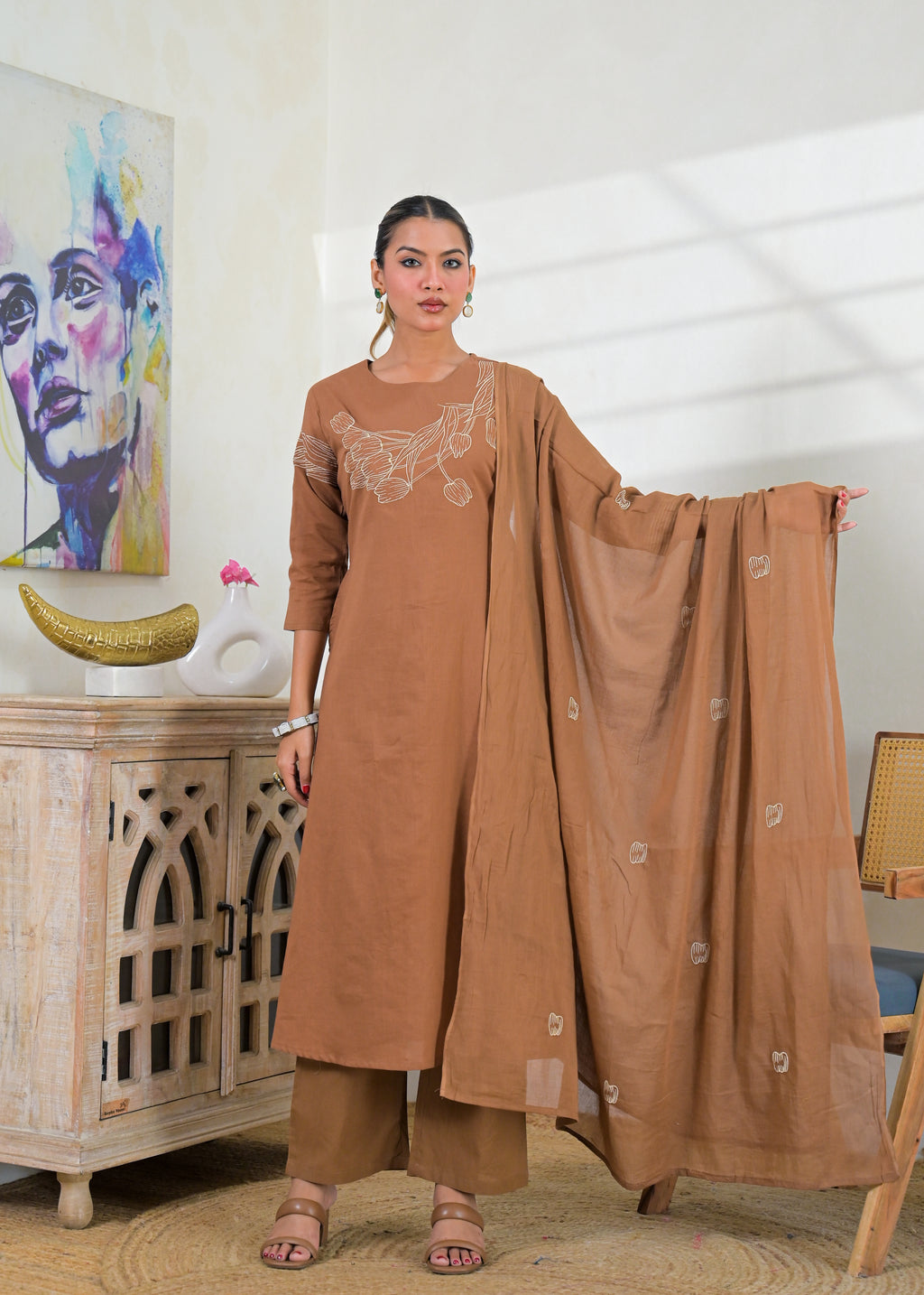 Women’s Floral Embroidered Kurta Palazzo with Dupatta Set