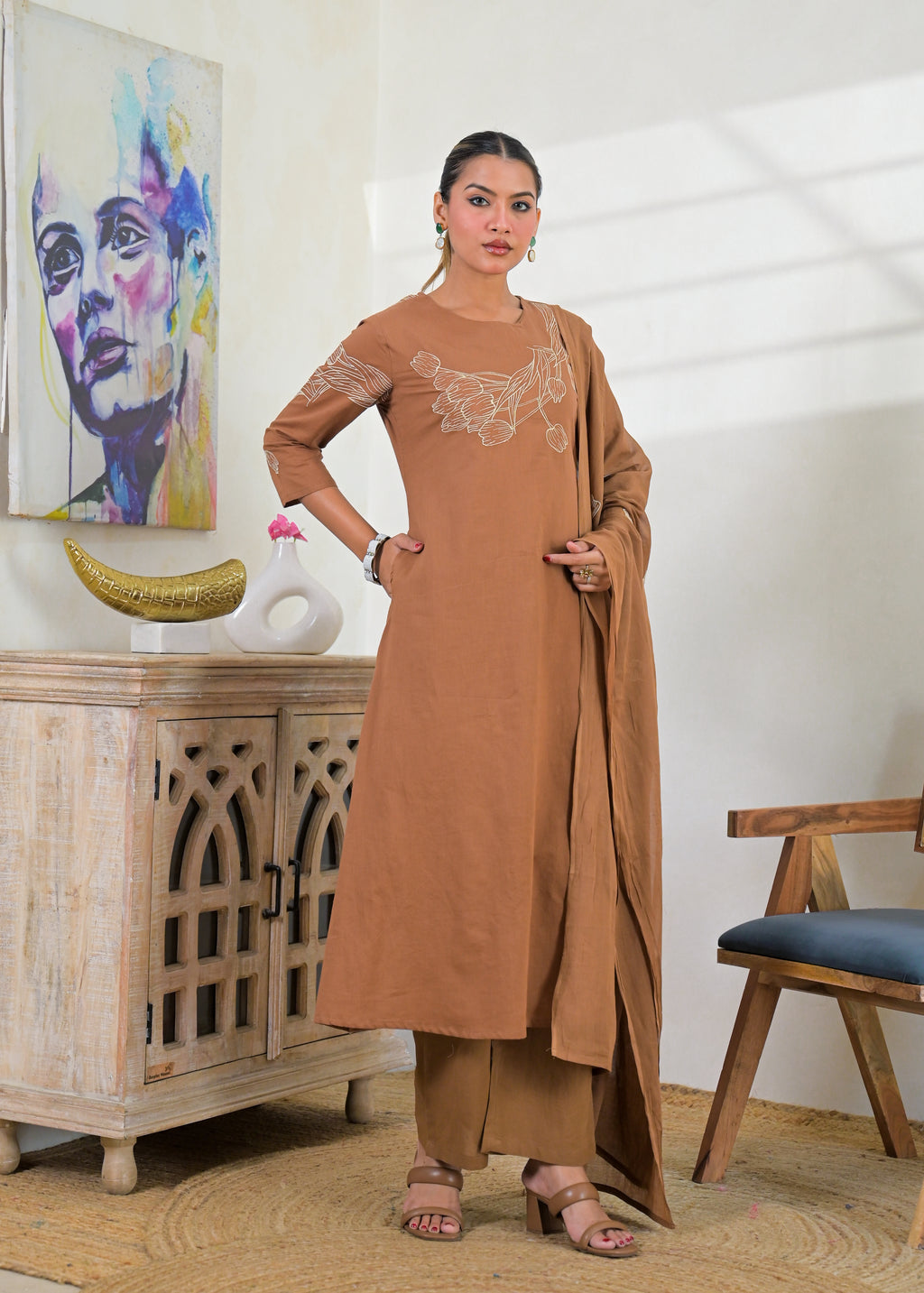 Women’s Floral Embroidered Kurta Palazzo with Dupatta Set