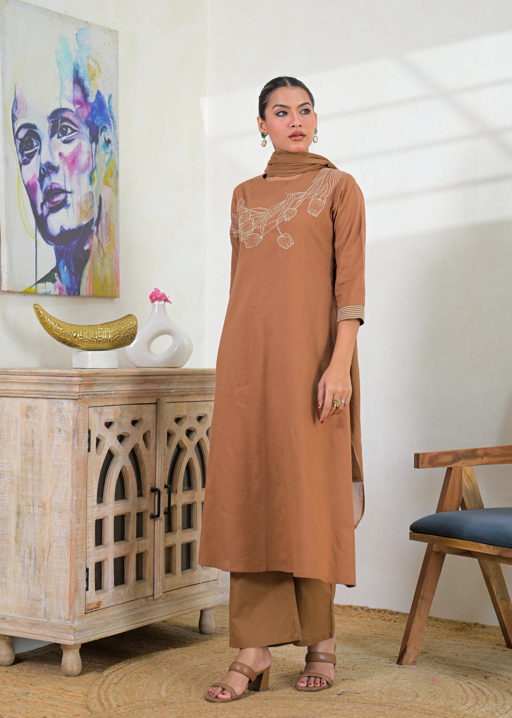 Women’s Floral Embroidered Kurta Palazzo with Dupatta Set