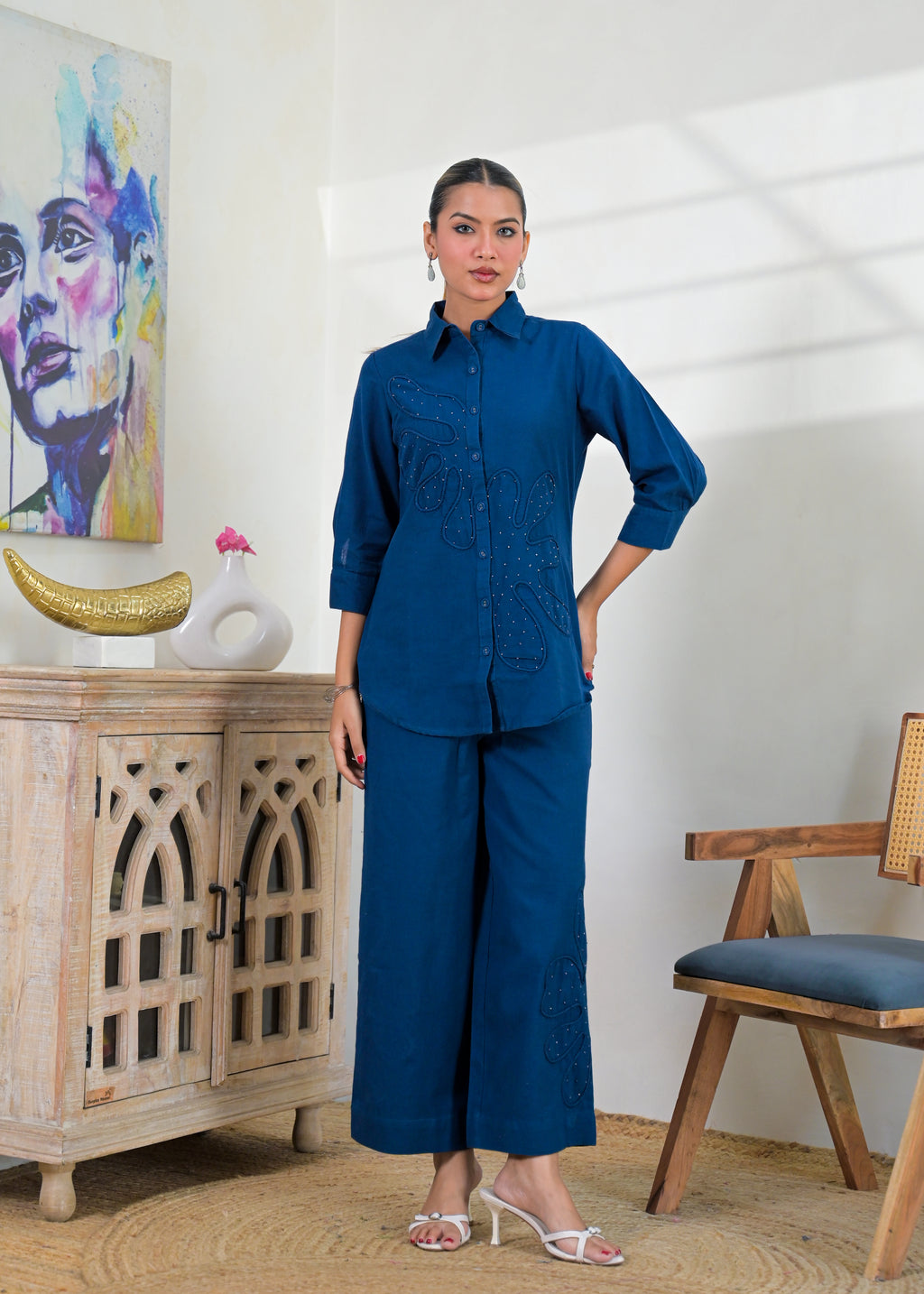 Embroidered Shirt-Style Co-ord Set