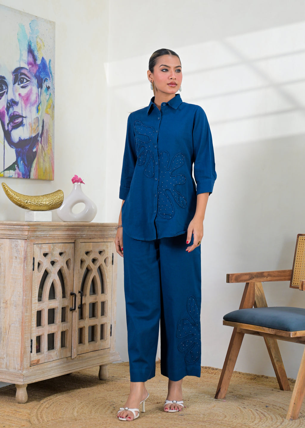 Embroidered Shirt-Style Co-ord Set