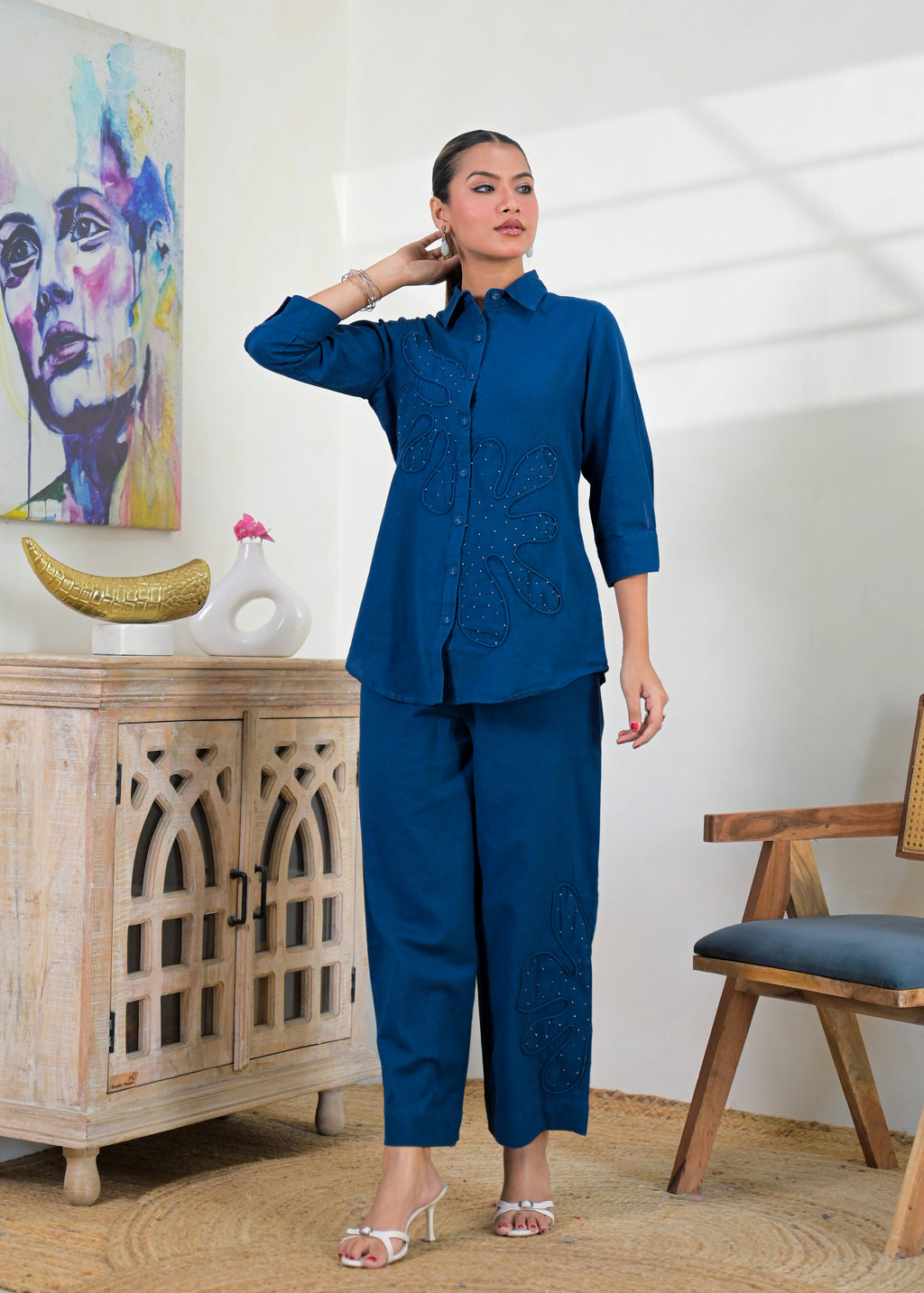 Embroidered Shirt-Style Co-ord Set