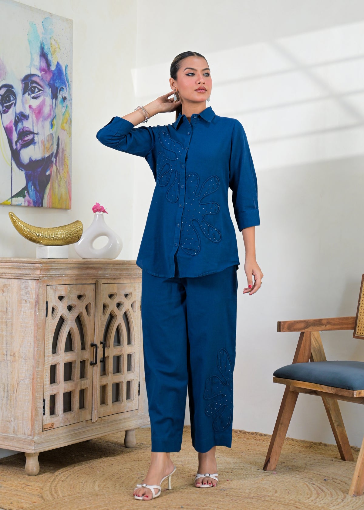 Embroidered Shirt-Style Co-ord Set