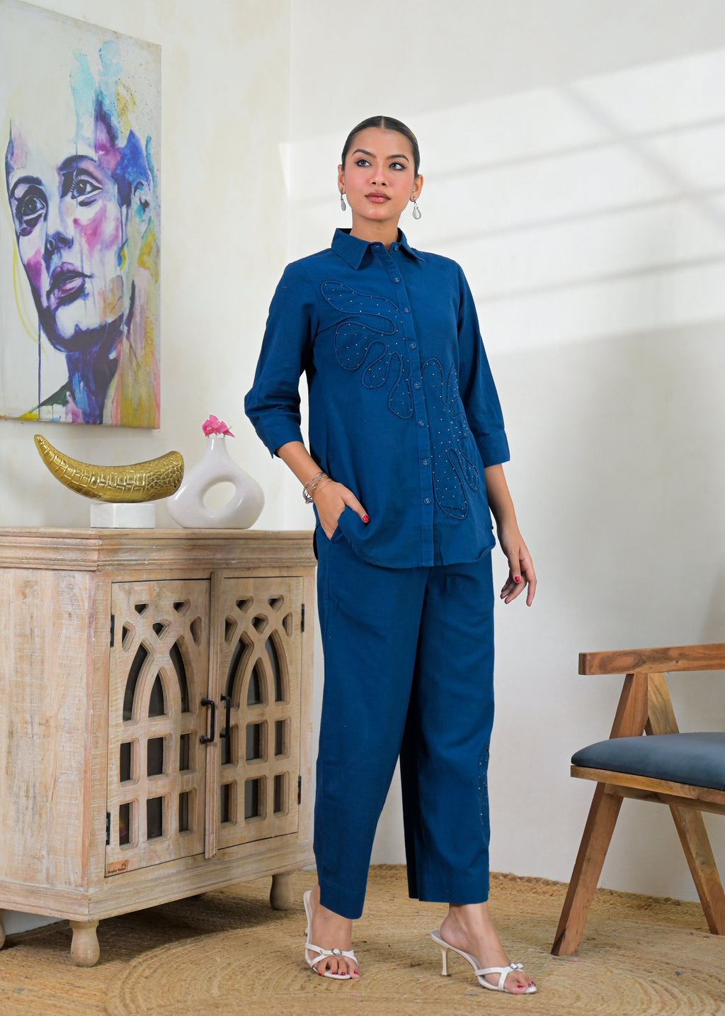 Embroidered Shirt-Style Co-ord Set