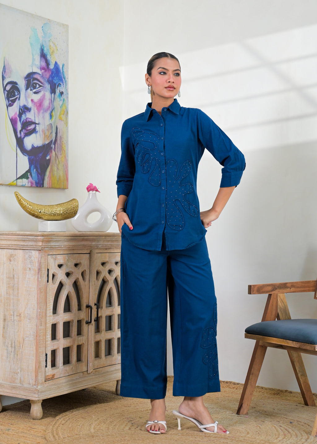 Embroidered Shirt-Style Co-ord Set