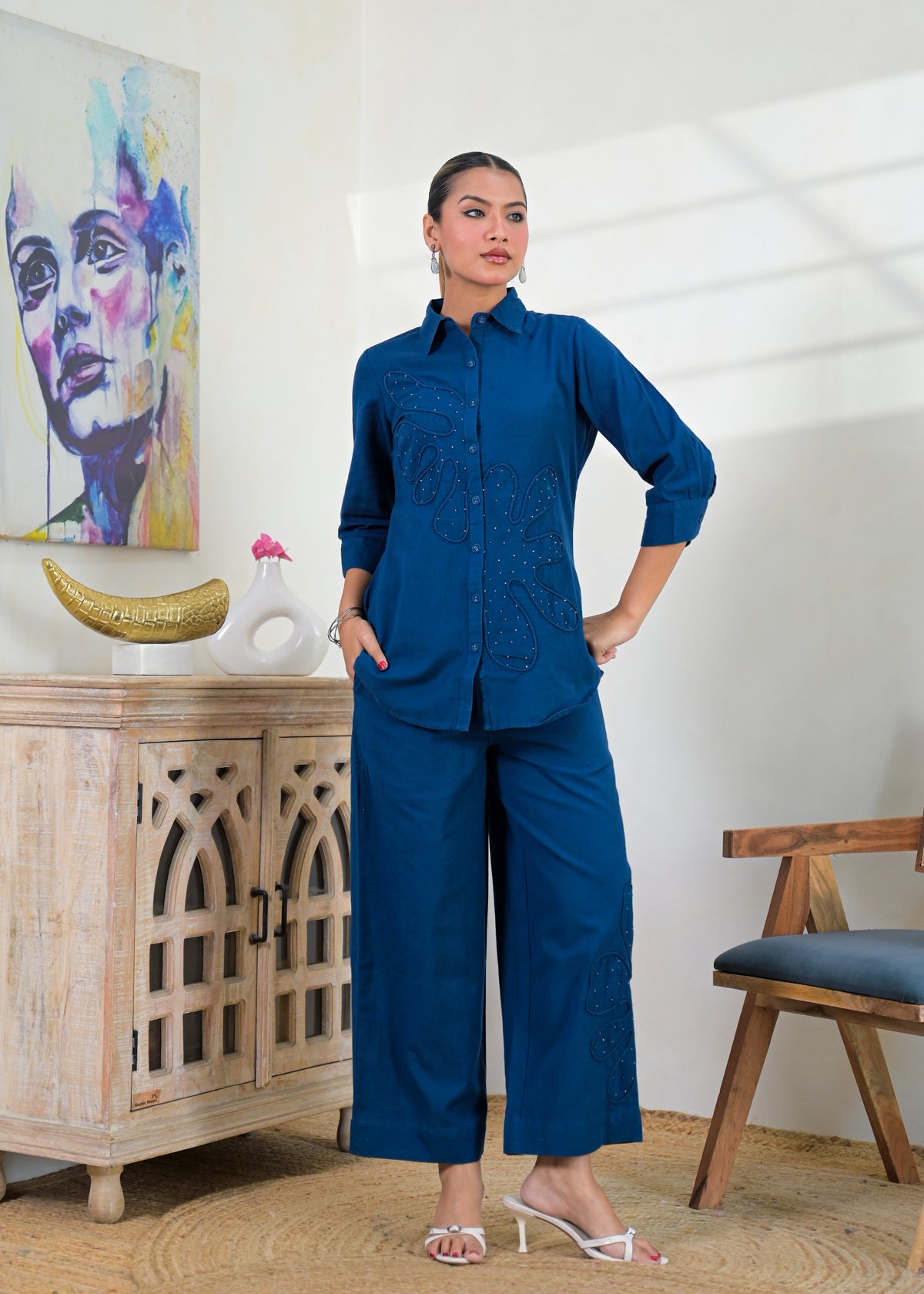 Embroidered Shirt-Style Co-ord Set