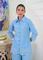 Women’s Solid Shirt Style Top with Embroidered Hem & Palazzo Pants Set
