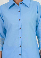 Women’s Solid Shirt Style Top with Embroidered Hem & Palazzo Pants Set