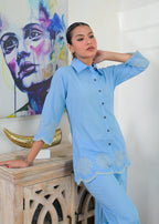 Women’s Solid Shirt Style Top with Embroidered Hem & Palazzo Pants Set