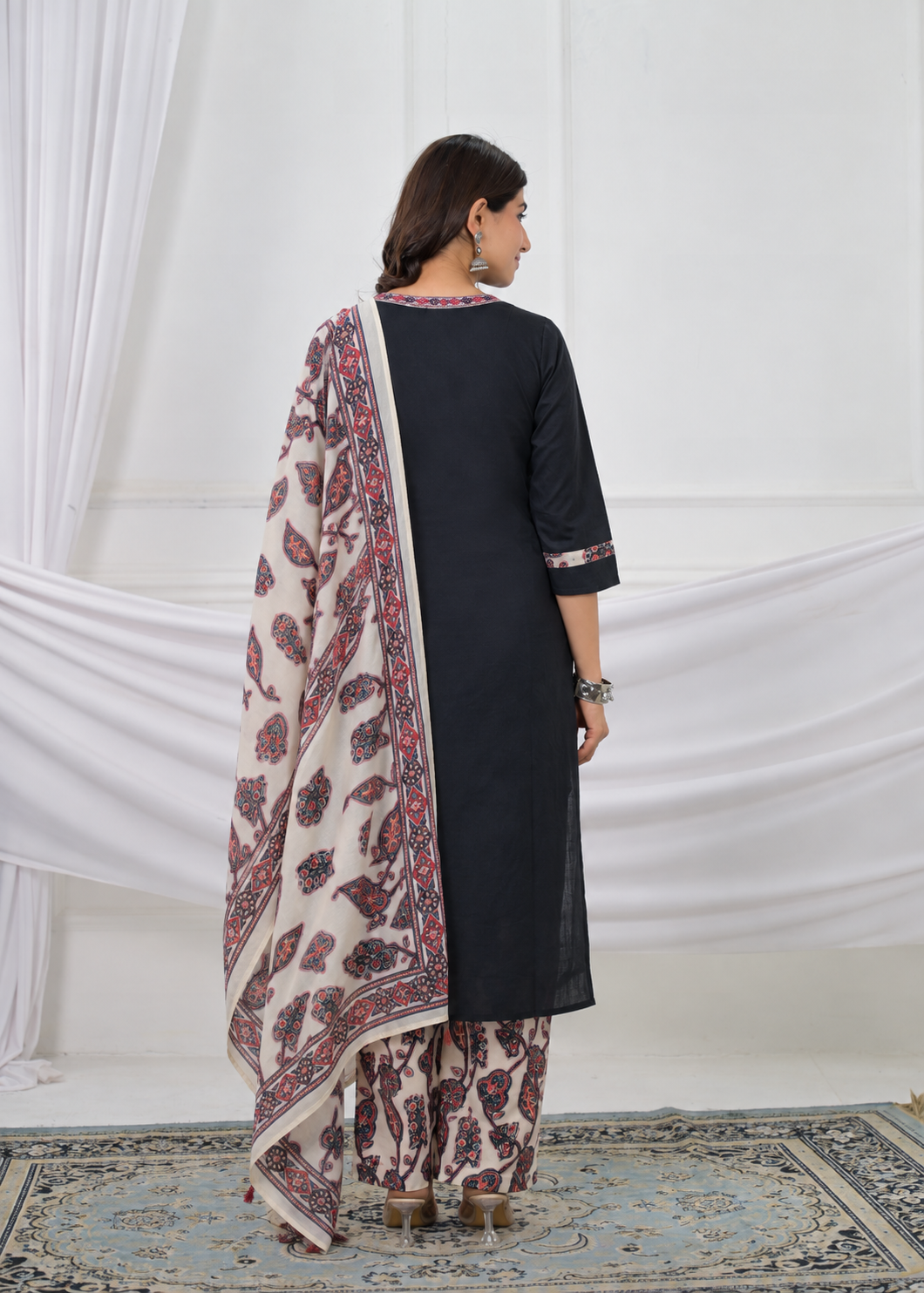 Embroidered Kurta with Printed Pant & Dupatta Set