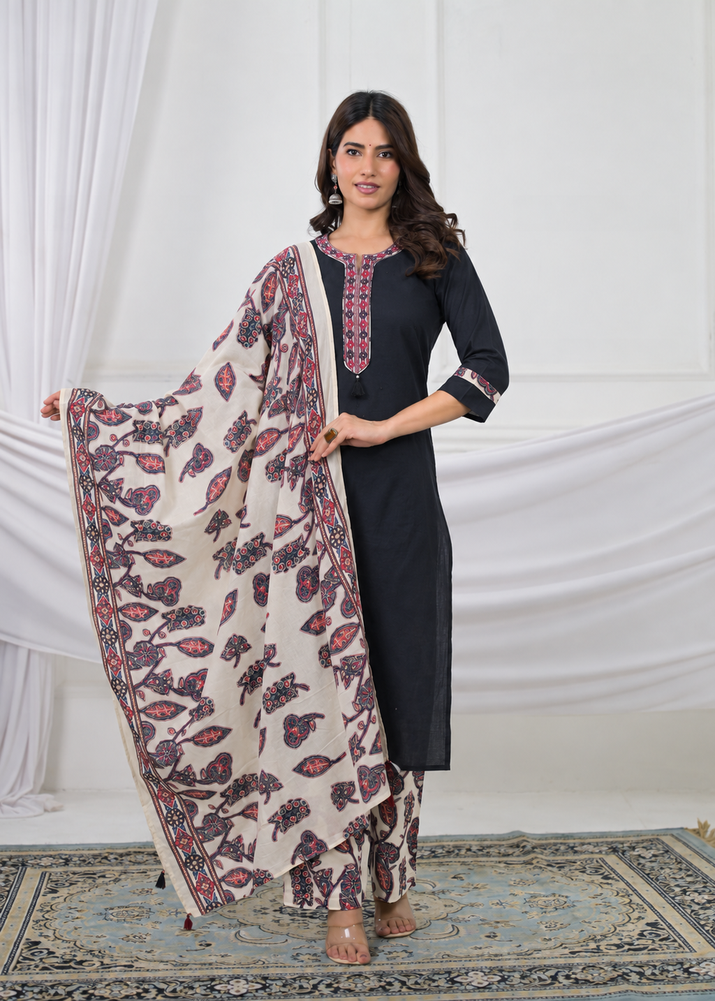 Embroidered Kurta with Printed Pant & Dupatta Set