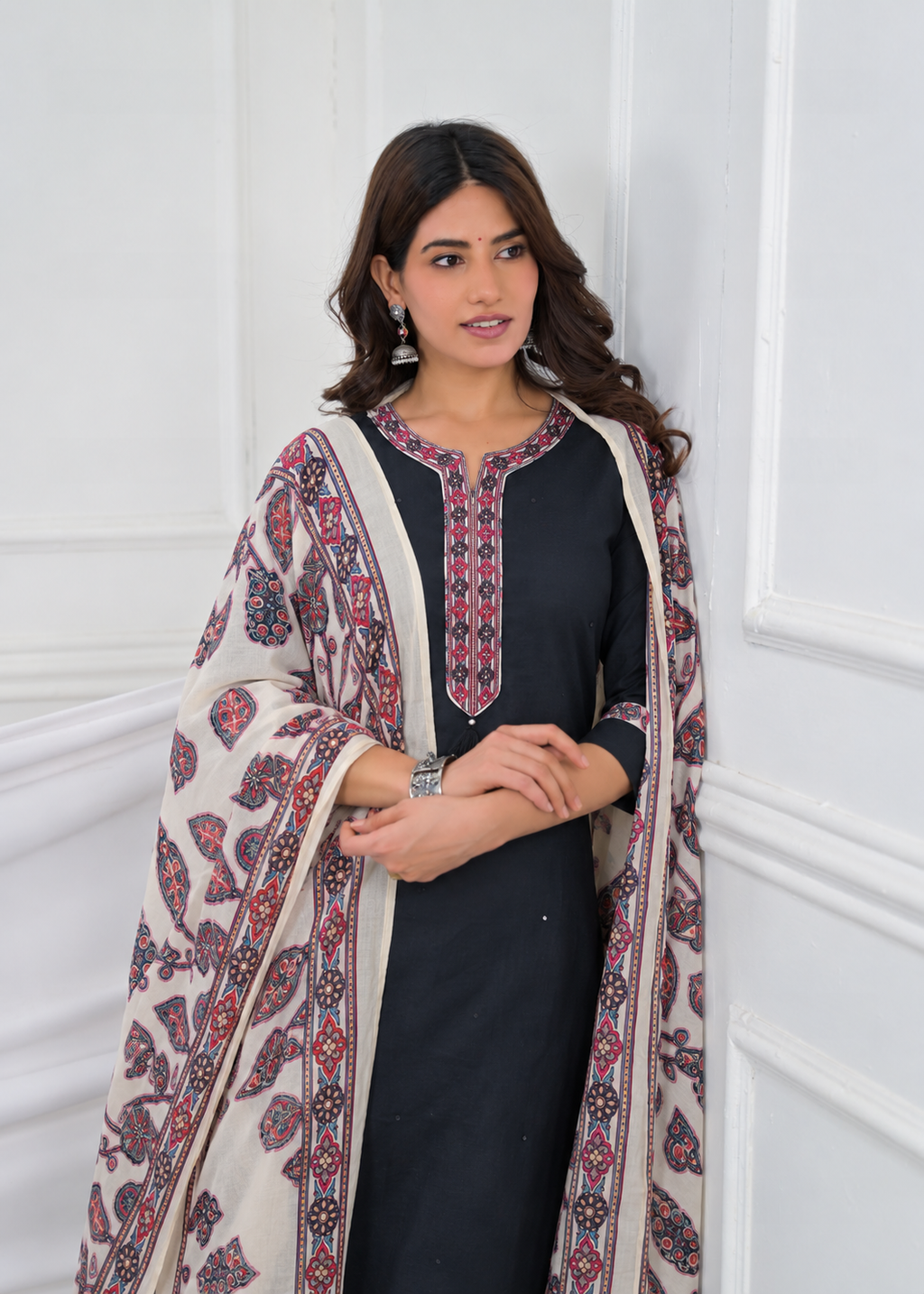 Embroidered Kurta with Printed Pant & Dupatta Set