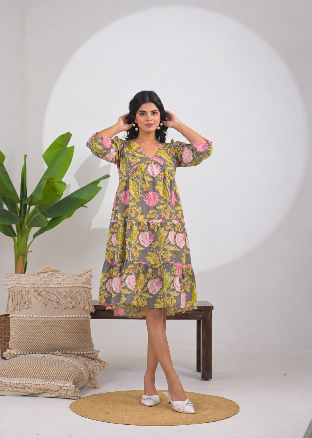 Abstract Printed Tiered Midi Dress