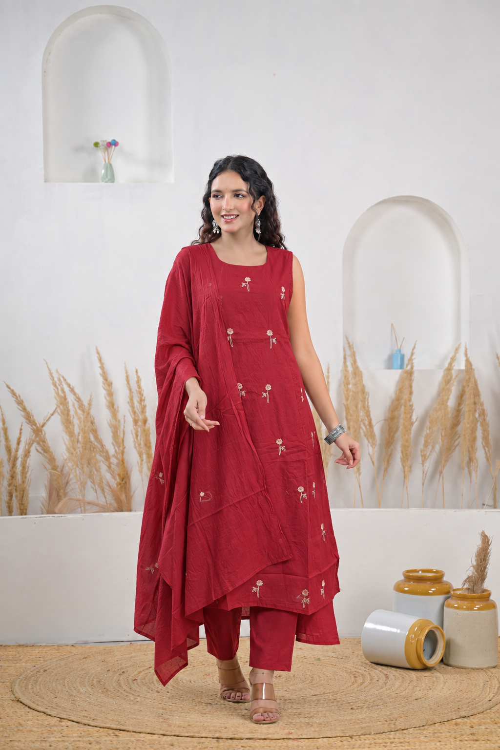 Embroidered Straight Kurta Pant Set with Dupatta