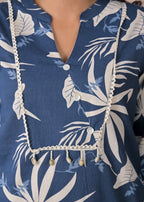 Tropical Leaf Print V-Neck Cotton 2-Piece Kurta Set