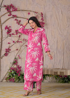 Tropical Leaf Print V-Neck Cotton 2-Piece Kurta Set