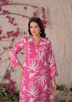 Tropical Leaf Print V-Neck Cotton 2-Piece Kurta Set
