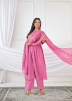 Women Floral Embroidered Flared 3 Piece Kurta Set with Dupatta