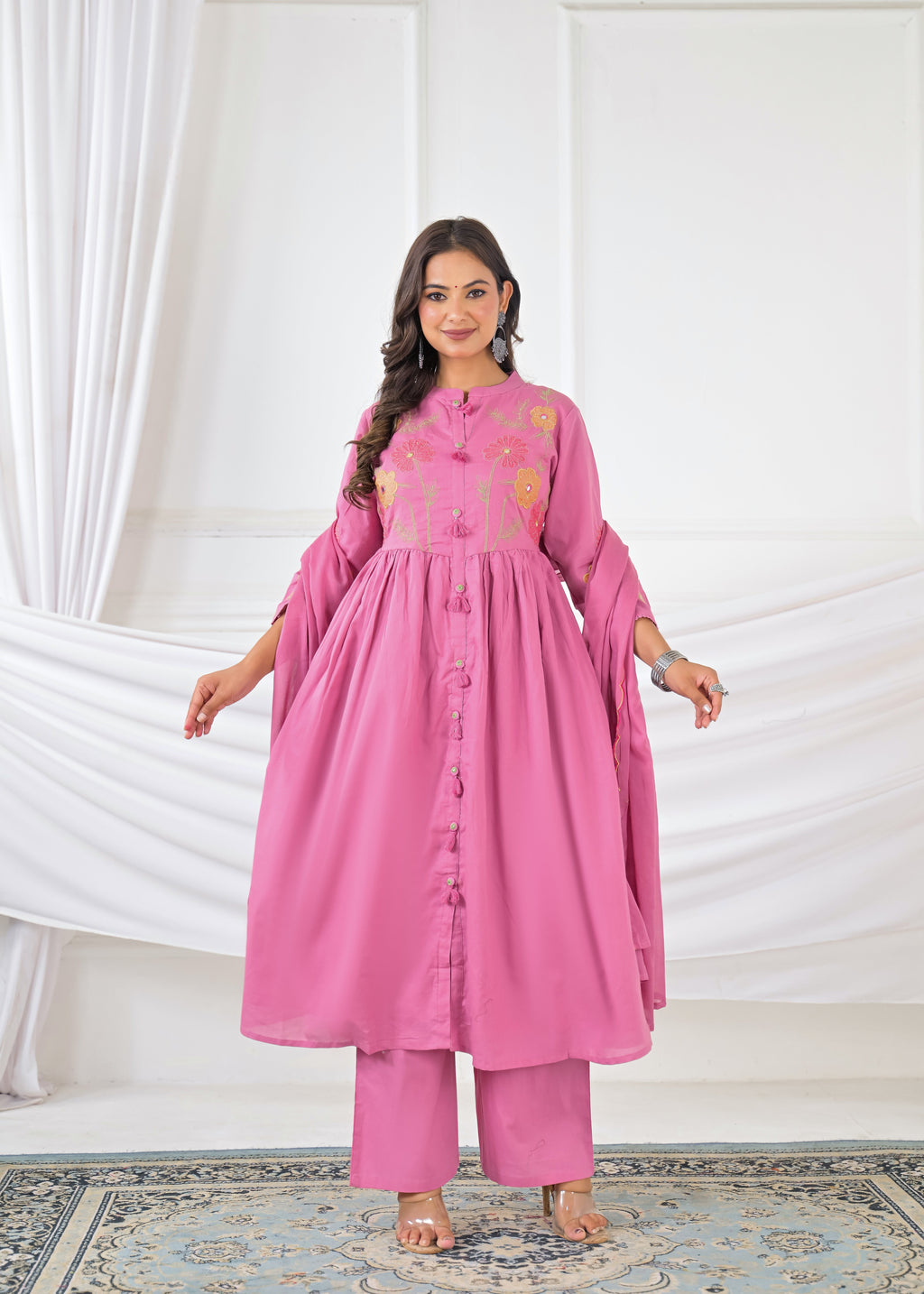 Women Floral Embroidered Flared 3 Piece Kurta Set with Dupatta