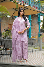 Floral Printed Straight 3 Piece Kurta Set with Palazzo and Dupatta