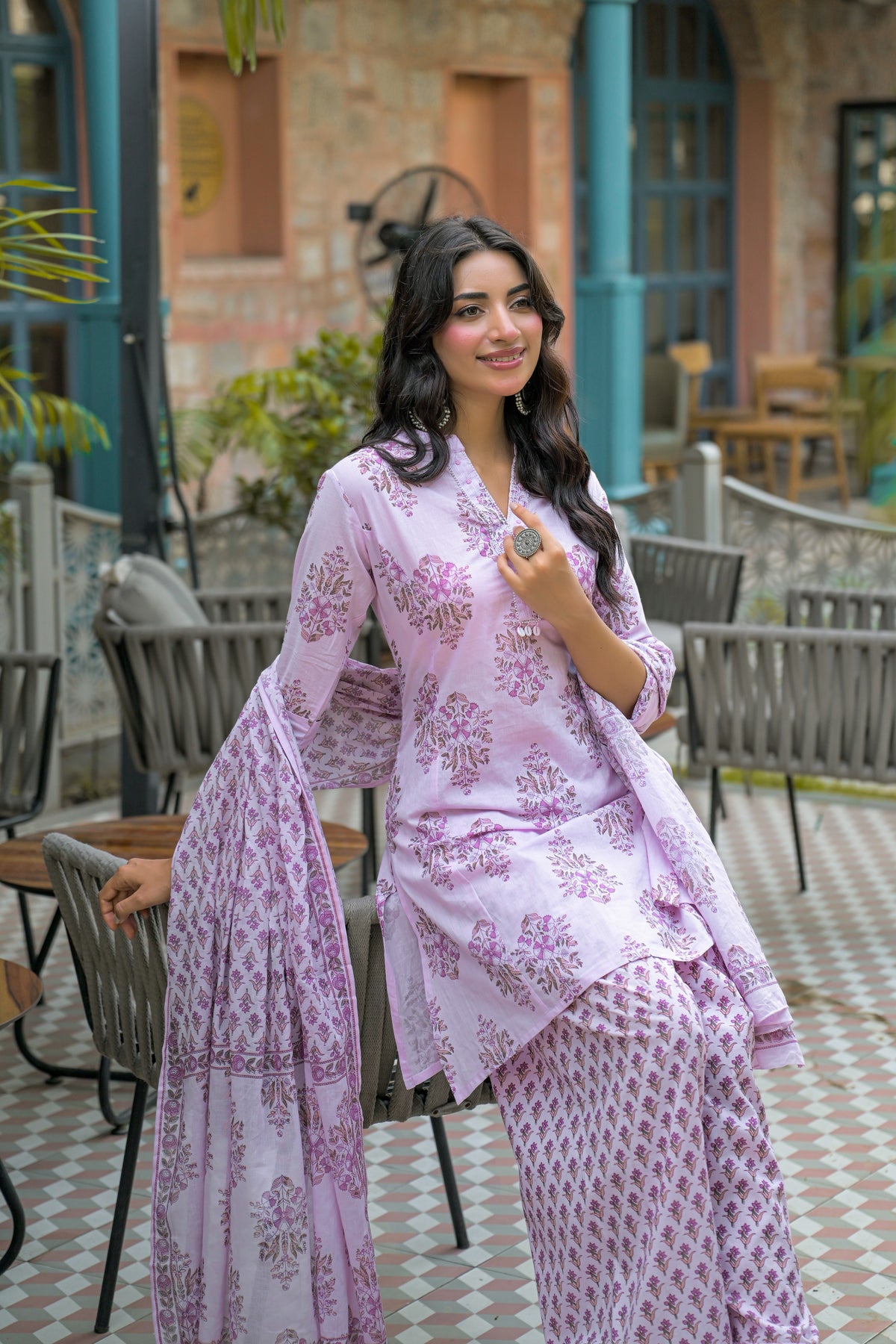 Floral Printed Straight 3 Piece Kurta Set with Palazzo and Dupatta