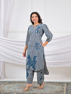 Striped Floral Motif 2 Piece Kurta Set