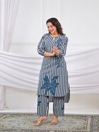 Striped Floral Motif 2 Piece Kurta Set