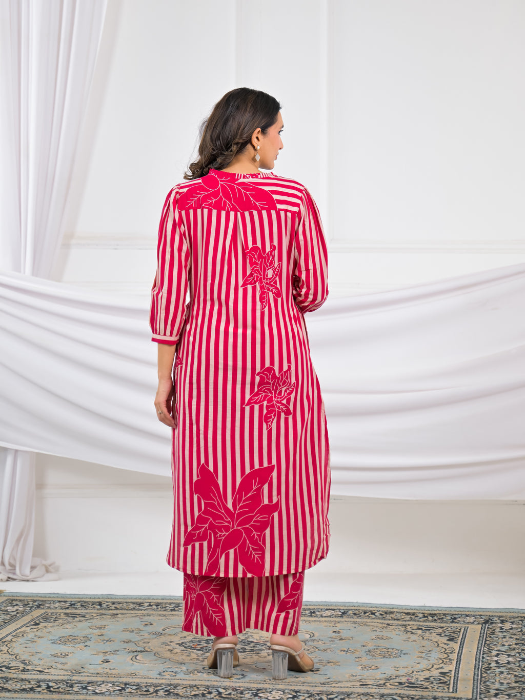 Striped Floral Motif 2 Piece Kurta Set