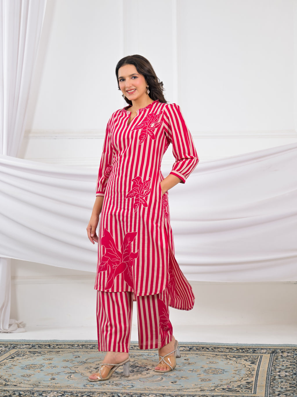 Striped Floral Motif 2 Piece Kurta Set