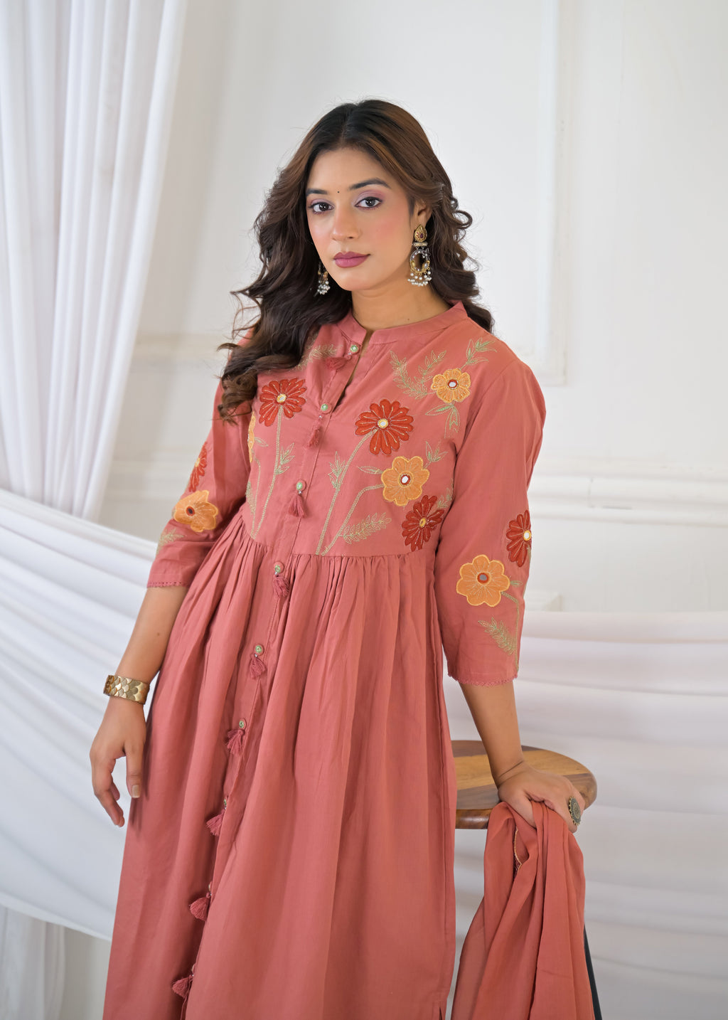 Women Floral Embroidered Flared 3 Piece Kurta Set with Dupatta