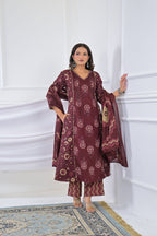 Women Floral Printed V-Neck 3-Piece Kurta Pant Set with Dupatta