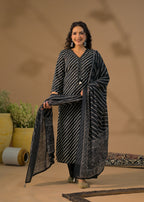 Women Leheriya Print V-Neck Kurta Set with Dupatta