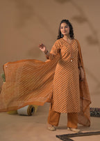 Women Leheriya Print V-Neck Kurta Set with Dupatta