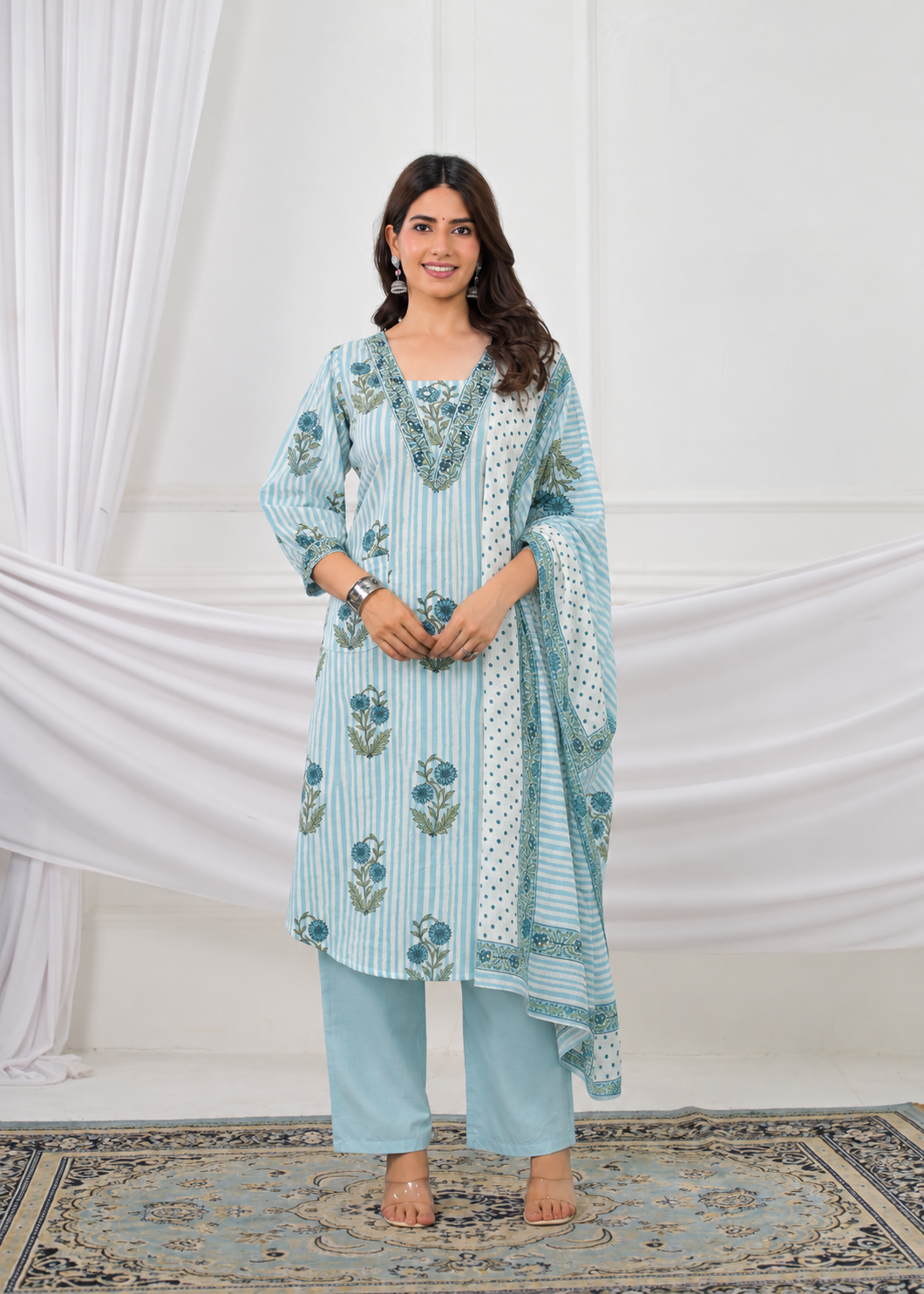 Floral Printed Straight Kurta Pant with Dupatta Set
