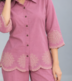 Women’s Solid Shirt Style Top with Embroidered Hem & Palazzo Pants Set