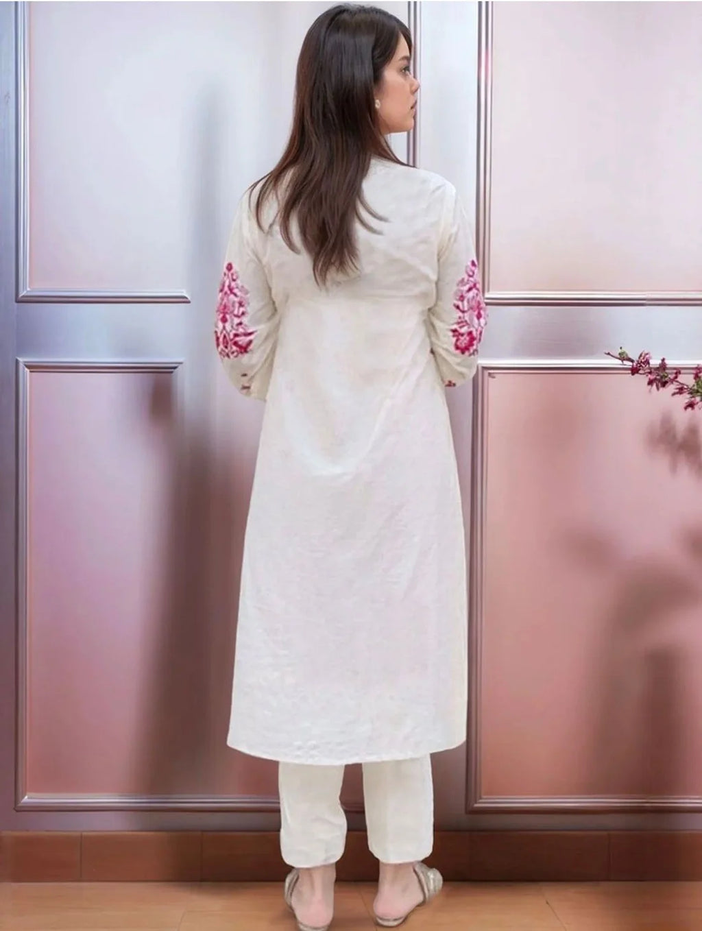 Off White Pink Embroidered Cotton Kurta Set with Dupatta for Women