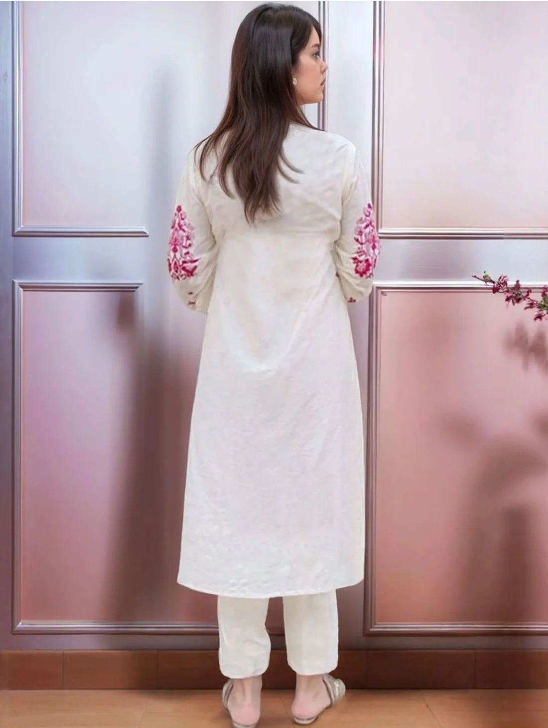 Off White Pink Embroidered Cotton Kurta Set with Dupatta for Women