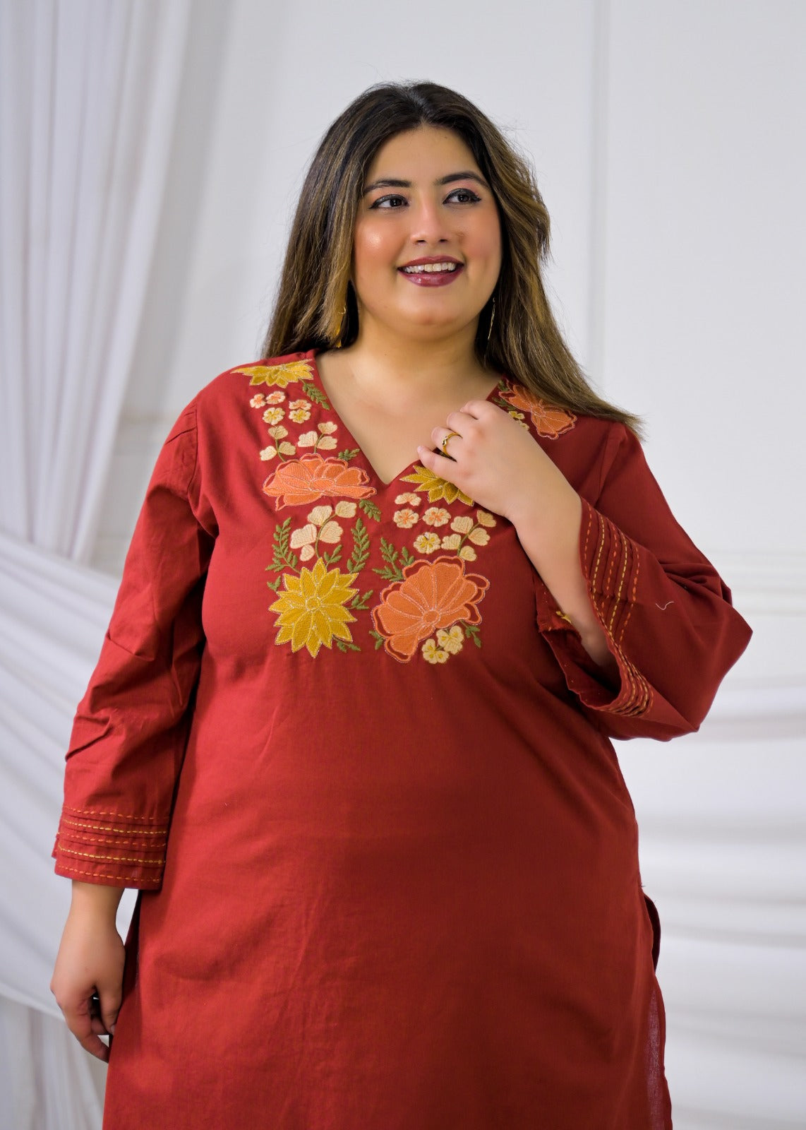 Floral Embroidered V-Neck Kurta Pant Set
